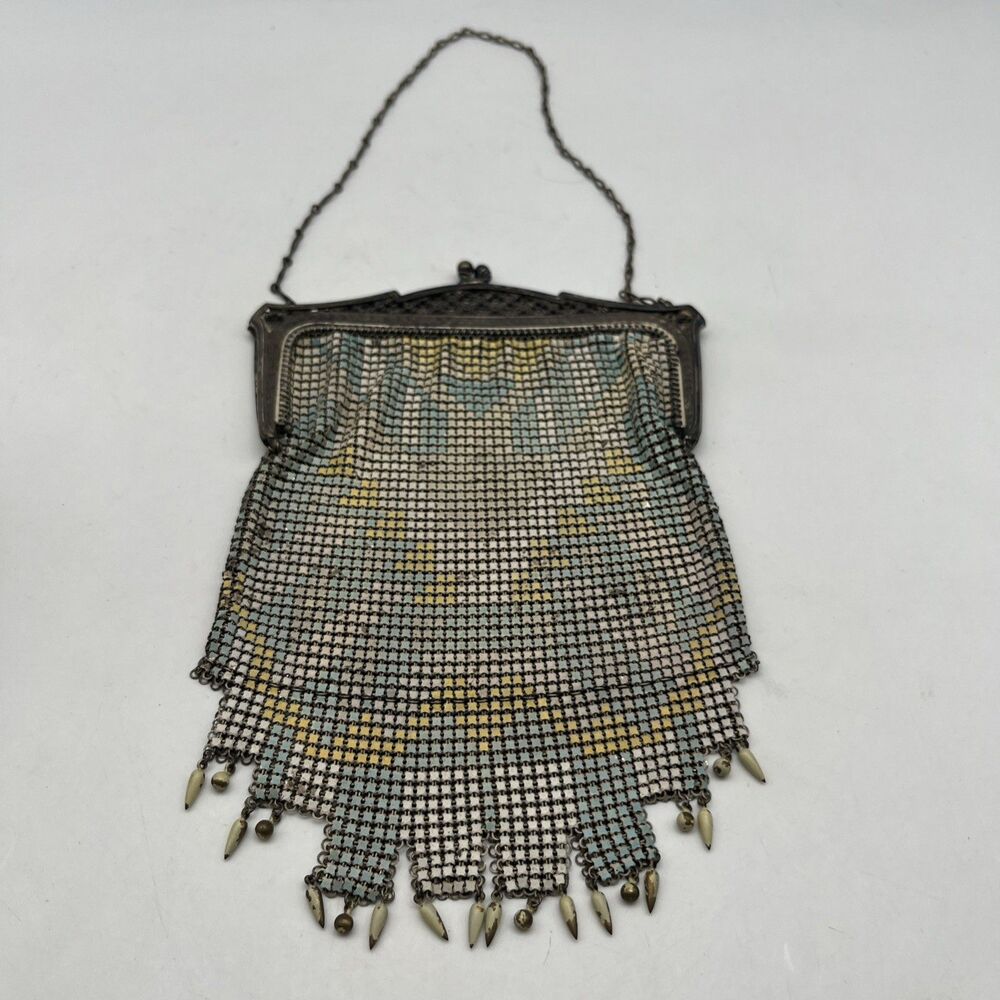 Antique Whiting & Davis Mesh Frame Flapper Purse Hand Bag Enameled